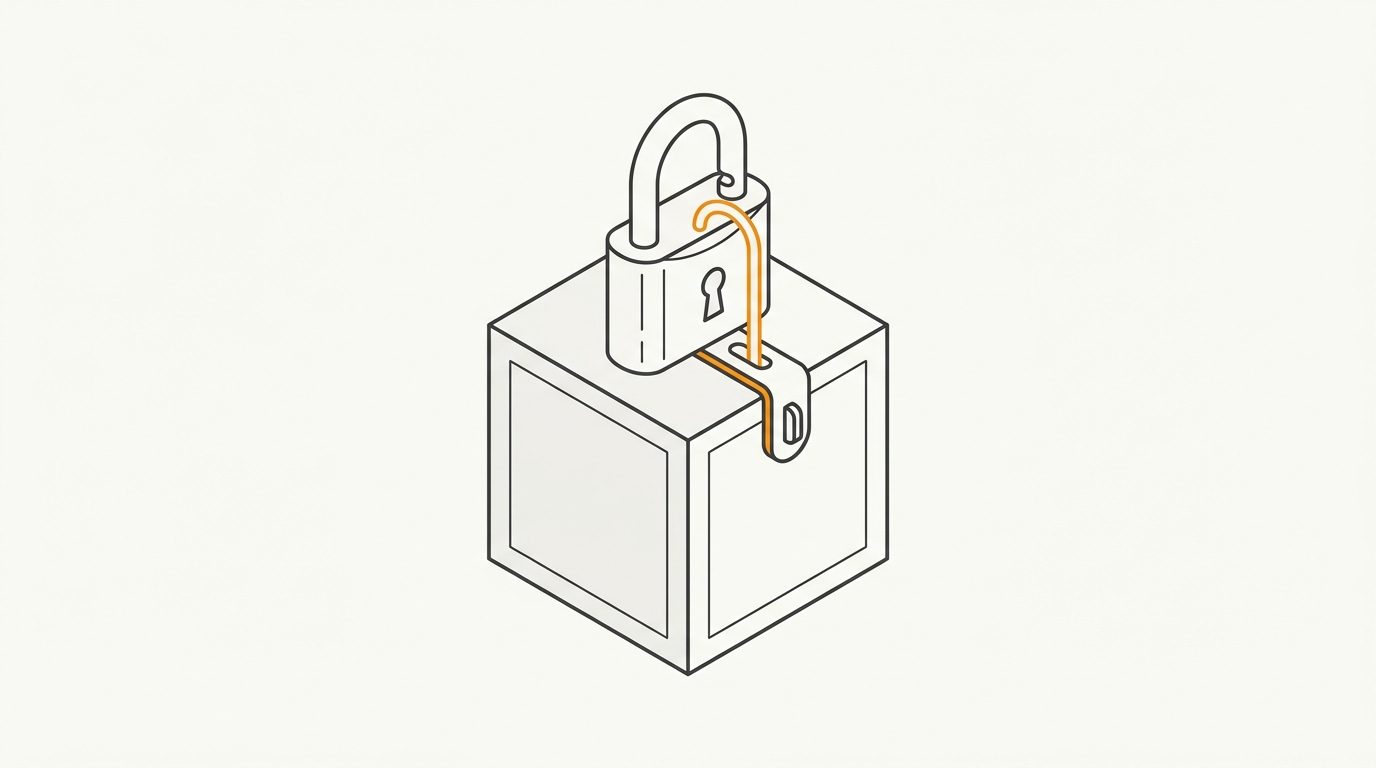Minimal flat editorial illustration of a software package cube with an amber padlock on an off-white background